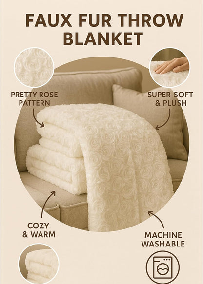 DaDa Bedding Luxury White Roses Fluffy and Cuddly Faux Fur with Sherpa Backside Fleece Cloud Throw Blanket - Super Soft Warm Plush Luxe Solid Toss for Sofa, Couch or Queen Bed, 90" x 90"