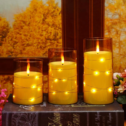 Flameless LED Candles with Timer 3 Pc Flickering Flameless Candles for Romantic Ambiance and Home Decoration Stable Acrylic Shell,with Embedded Star String，Battery Operated Candles（Gold）