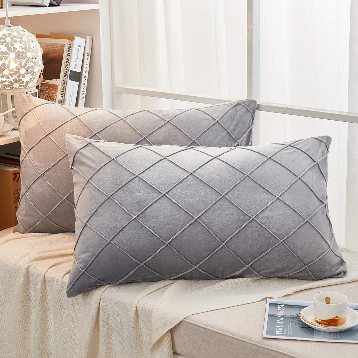 JAUXIO Diamond Pinch Pleated Crystal Velvet Pillowcases 2 Pack Solid Pintuck Throw Cushion Cover for Home Decor Hidden Zipper Closure (Light Grey, King)