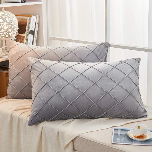 JAUXIO Diamond Pinch Pleated Crystal Velvet Pillowcases 2 Pack Solid Pintuck Throw Cushion Cover for Home Decor Hidden Zipper Closure (Light Grey, King)