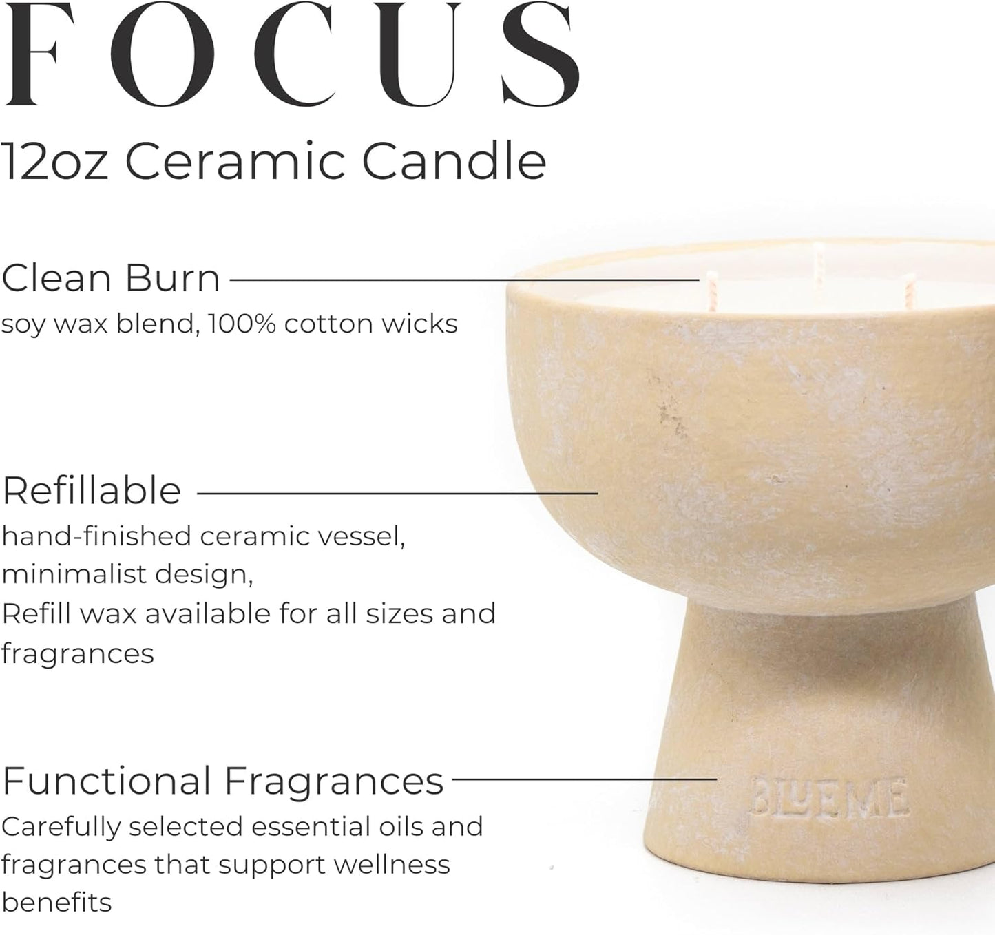 BLUEME Focus - Eucalyptus & Lime, Luxury Candle w/Essential Oils, 3 Wick, Hand-Poured Soy, Cotton Wick, Ceramic