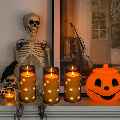 Flickering Flameless Candles with Remote Timer, 6pcs LED Battery Operated Candles with Embedded String Lights Grey, D3 H6