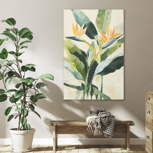 JolyWell Hand-paintd Botanical Canvas Wall Art Watercolor Green Leaf Tropical Plant Art Prints Boho Decor Bird of Paradise Flowers Leaf Wall Painting for Living Room Bedroom 24 x 36 IN