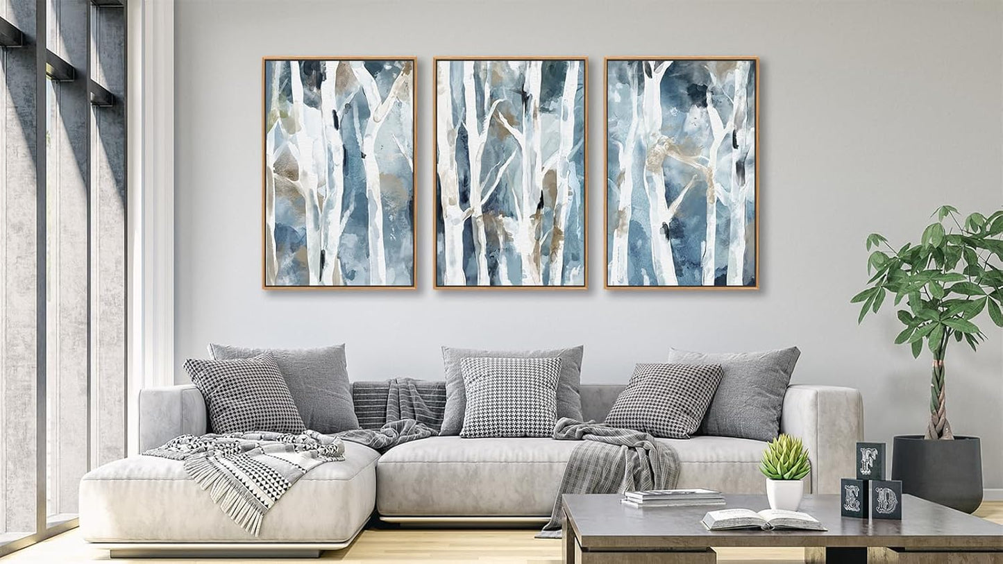 arteWOODS Birch Framed Wall Art - Abstract Blue Brown Forest Canvas Pictures Wall Decor Modern Tree Landscape Painting Artwork Prints for Living Room Bedroom Decor 24 x 16in * 3 Natural Wood Frame