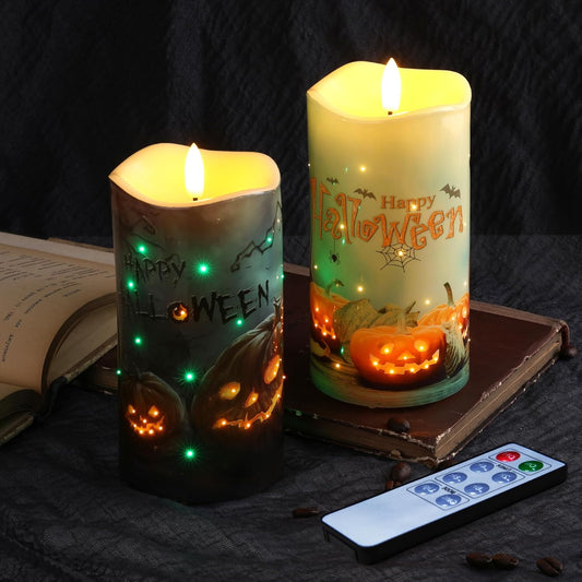 Eywamage Fiber Optic Halloween Flameless Candles, Spooky Pumpkin LED Pillar Candles with Remote, Battery Operated, Set of 2