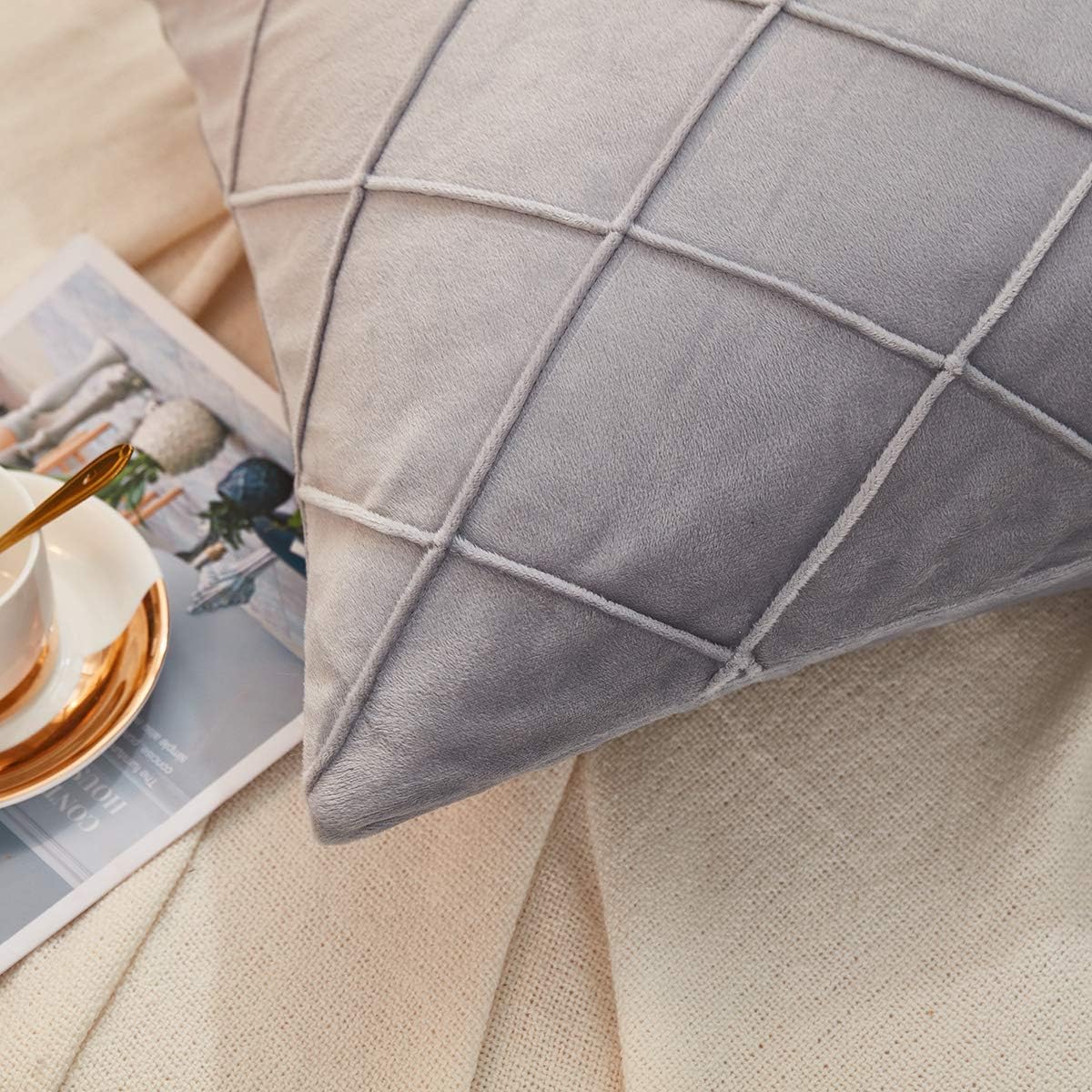 JAUXIO Diamond Pinch Pleated Crystal Velvet Pillowcases 2 Pack Solid Pintuck Throw Cushion Cover for Home Decor Hidden Zipper Closure (Light Grey, King)