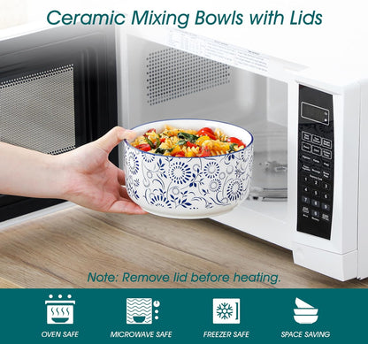 vancasso Ceramic Nesting Bowls with Lids Set of 4, Serving Bowls for Food Storage, Prep Bowl, Ceramic Bowl for Kitchen, Microwave & Dishwasher Safe, 60+36+20+10 Oz, Series SELENE