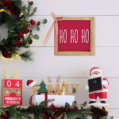 Wooden Ho Ho Ho Sign, 6" Red Christmas Santa Hohoho Decor, Xmas Holiday Decorative Signage Indoor Table Tiered Tray Wall Art Desk Shelf Mantel Bathroom Rustic Farmhouse Decorations for Home