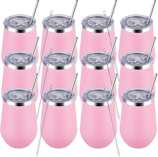 MEWAY 12oz Insulated Wine Tumbler with Lid and Straw - Double Wall Vacuum Stainless Steel Wine glass, Ideal for Travel and Office, Baby shower prizes for winners(Pink,Set of 12)