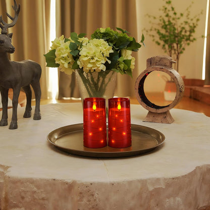 Homemory Flameless Candles with Embedded Star String Fairy Lights, Battery Operated Candles, LED Candle, Fake Candles with Remote Control and Timer, Red, Set of 2(H 6" 6")