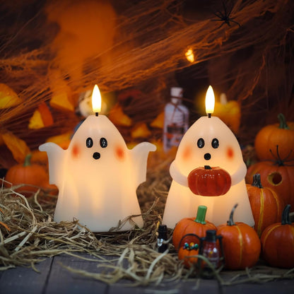 DRomance Halloween Ghost Flameless Candles with Timer Real Wax Battery Operated White LED Flickering Pillar Candles Hand Painted Looking Dinner Spooky Halloween Decor(2 Pack, 3.5" D x 5" H)