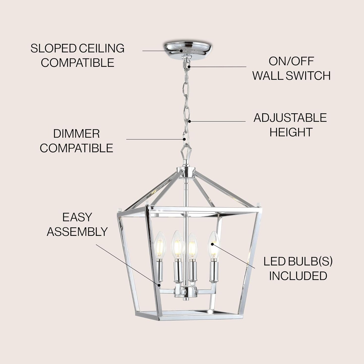 JONATHAN Y JYL7436C Pagoda Lantern Dimmable Adjustable Metal LED Pendant Classic Traditional Farmhouse Dining Room Living Room Kitchen Foyer Bedroom Hallway, 12 in, Chrome