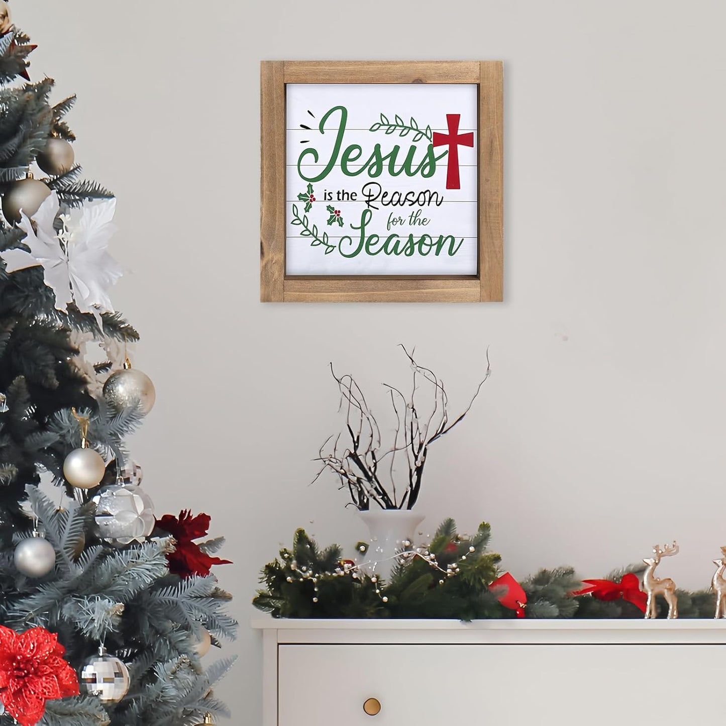 Jesus Is The Reason for The Season Sign, Wooden Christian Christmas Decor, Xmas Holiday Indoor Table Shelf Desk Mantel Tiered Tray Nativity Wall Art Rustic Farmhouse Decorations for Home