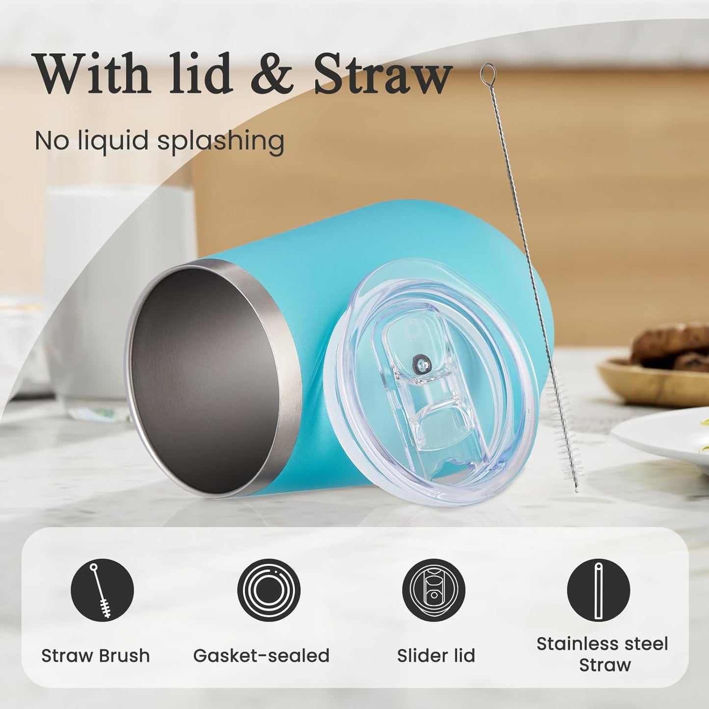 MEWAY Stemless 12oz Insulated Wine Tumbler with Lid and Straw - Double Wall Stainless Steel Thermal Cup for Hot and Cold Drinks, Ideal for Bridal and Baby Shower Game Prizes(Light Green,Set of 4)