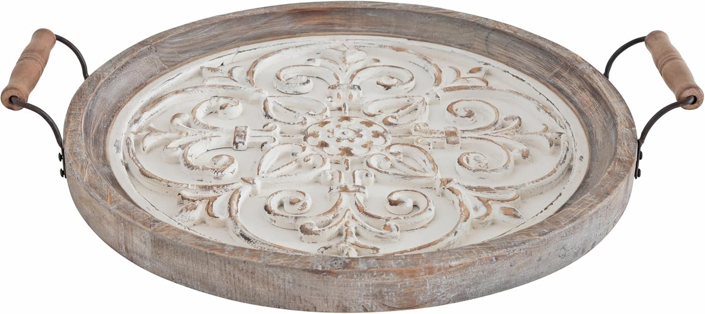 Kate and Laurel Hillrose Round Wooden Tray, 18 inch Diameter, Rustic Brown and White, Decorative Tray for Serving, Display, and Storage