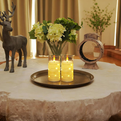 Homemory Flameless Candles with Embedded Star String Fairy Lights, Battery Operated Candles, LED Candle, Fake Candles with Remote Control and Timer, White, Set of 2(H 6" 6")