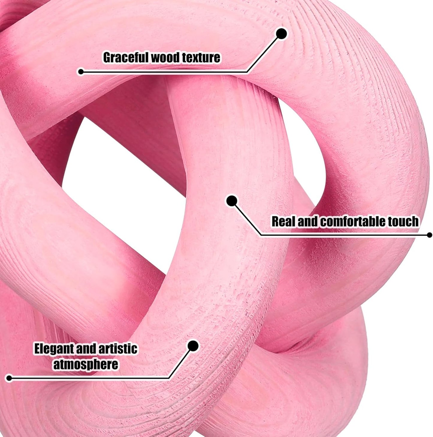 3 Link Wood Knot Decor - Hand Carved Coffee Table Decoration, Boho Chain Link Decor, Modern Shelf, Rustic Objects for Home Living Room Bedroom(Pea-Pink)