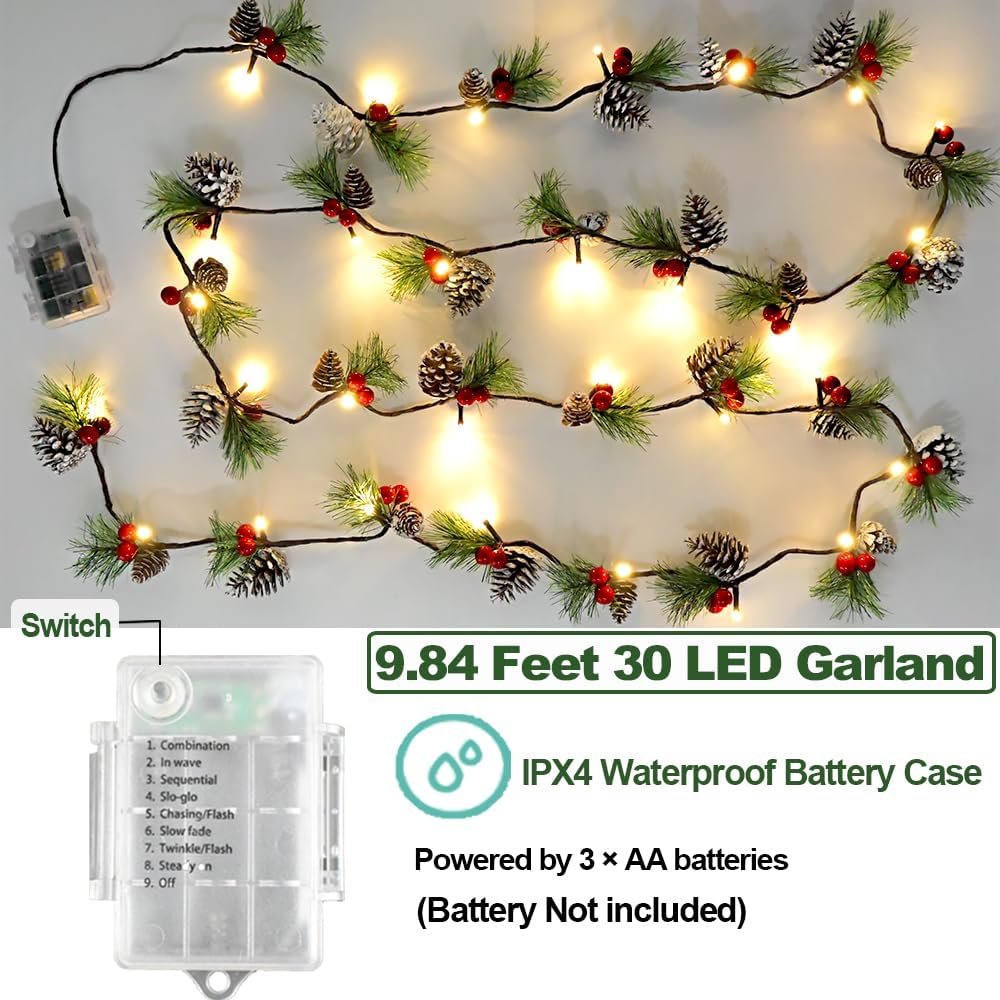 2025 Upgraded Christmas Garland Lights 9.84FT Holiday Prelit Garlands Pine Cone with Red Berry Battery Operated with Timer Garland Wreath Xmas Decor Lights for Outdoor Indoor Christmas Home Decoration