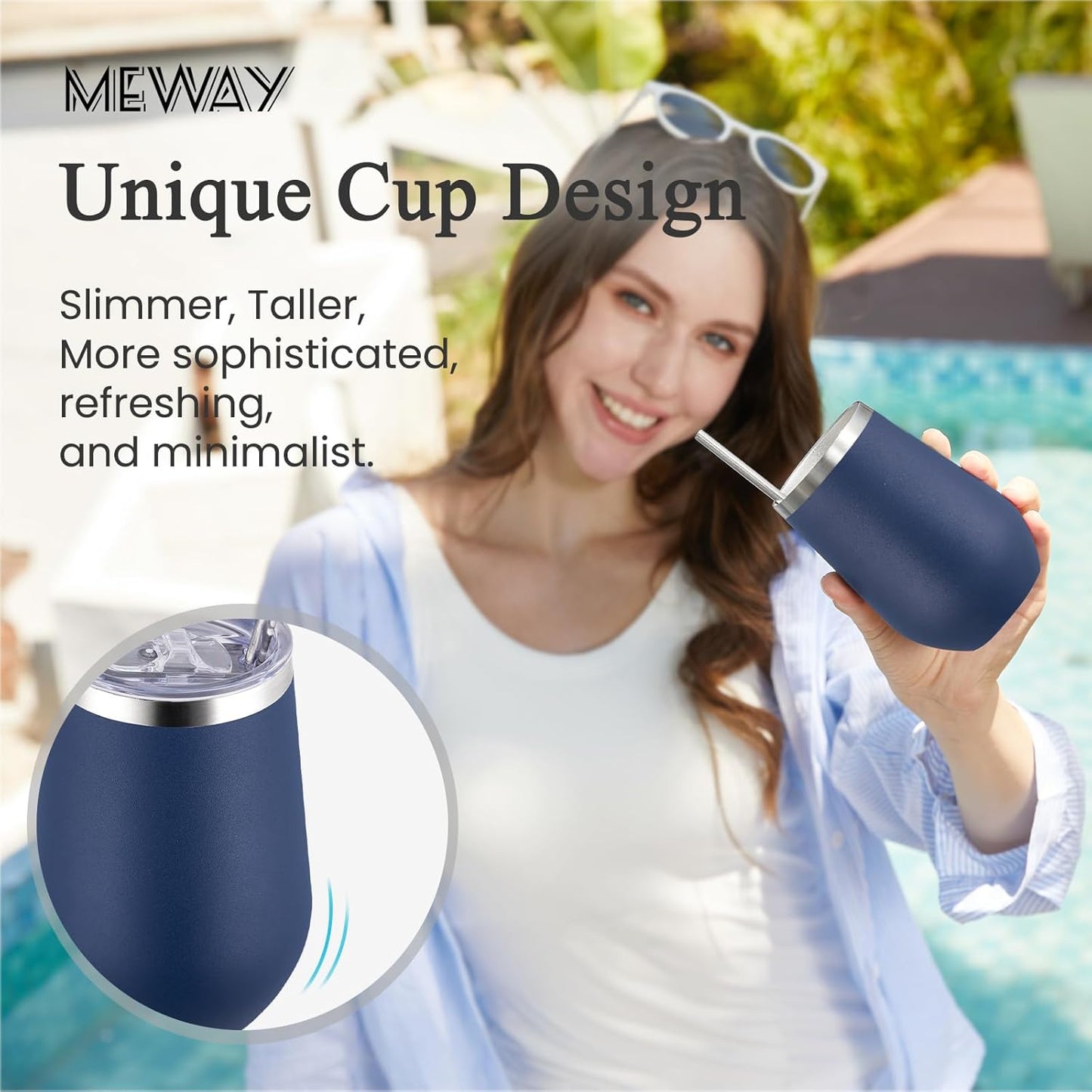 MEWAY 12oz Stainless Steel Wine Tumbler with Lid - Double Wall Vacuum Insulated Swig cups for Hot and Cold Drinks, Ideal for Coffee, Wine, Beer, gifts for Women under 10 dollars(Navy,Set of 12)