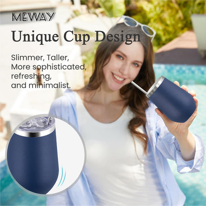 MEWAY 12oz Stainless Steel Wine Tumbler with Lid - Double Wall Vacuum Insulated Swig cups for Hot and Cold Drinks, Ideal for Coffee, Wine, Beer, gifts for Women under 10 dollars(Navy,Set of 12)