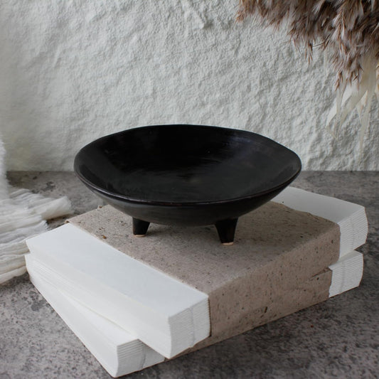 Wabi Sabi Footed Decorative Bowl, Multi-Purpose Small Ceramic Bowl, Vintage Rustic Boho Shelf Table Decor, Natural Black