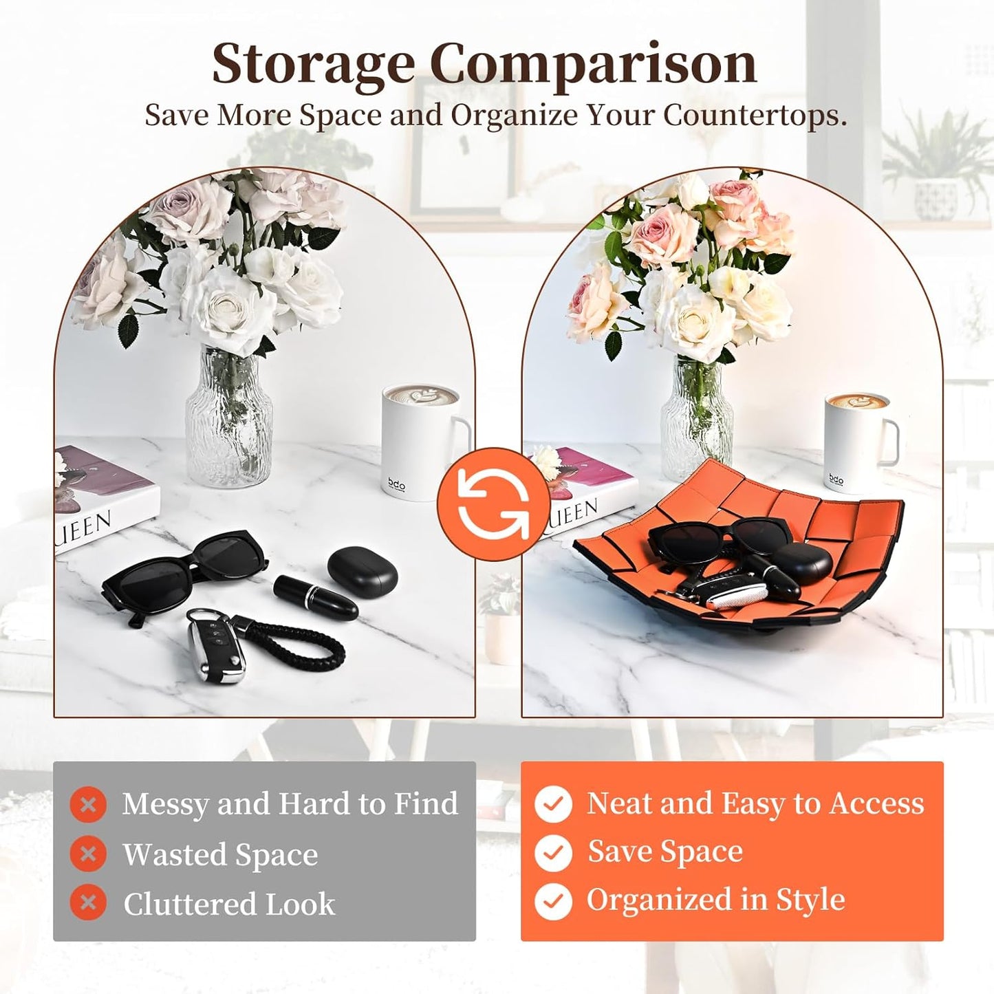 Valet Tray PU Leather Key Holder Bowl for Women and Men Entryway Table Nightstand Desk Tray for Wallet, Keys Men's Gift - Orange & Black, 9.8" L x 9.8" W x 2" H