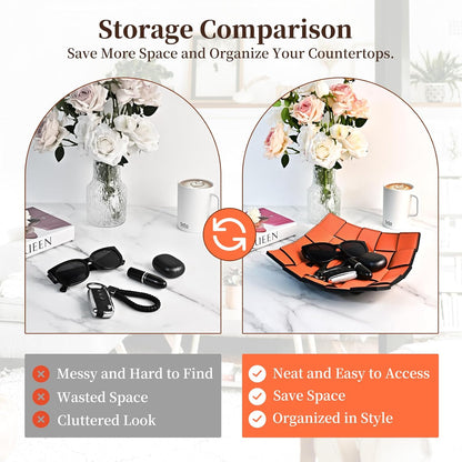 Valet Tray PU Leather Key Holder Bowl for Women and Men Entryway Table Nightstand Desk Tray for Wallet, Keys Men's Gift - Orange & Black, 9.8" L x 9.8" W x 2" H