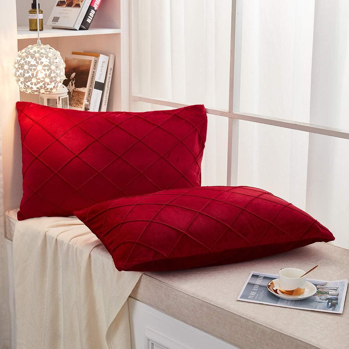 JAUXIO Diamond Pinch Pleated Crystal Velvet Pillowcases 2 Pack Solid Pintuck Throw Cushion Cover for Home Decor Hidden Zipper Closure (Burgundy, King)