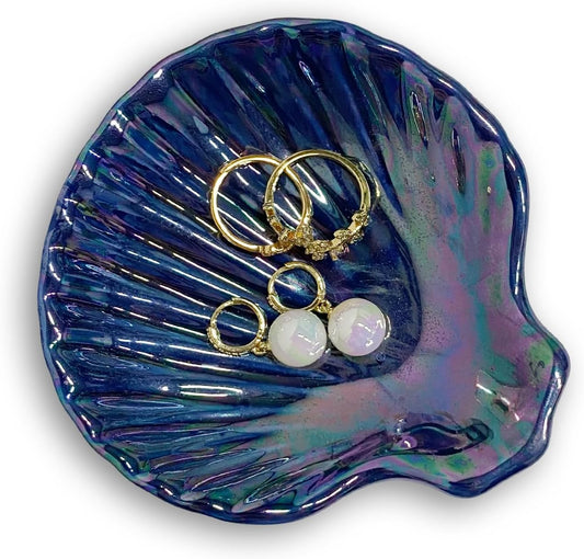 Shell Jewelry Holder Dish Aesthetic, Ceramic Seashell Trinket Dish for Women, Cute Room Decor Jewelry Plates for Earrings Ring Necklace, 3.9", Indigo Iridescent Surface