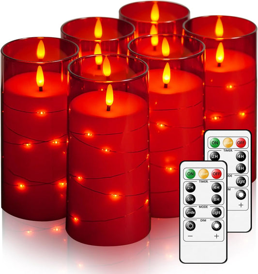 Flickering Flameless Candles with Remote Timer, 6pcs LED Battery Operated Candles with Embedded String Lights Red, Same Size D3 H6