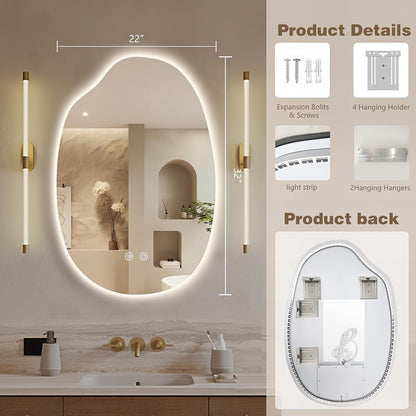 32"x22" Asymmetrical Led Mirror for Bathroom, Irregular Backlit Vanity Mirror with Lights, Frameless Smart Mirror, 3 Colors Stepless Dimmable, Anti-Fog, Memory, CRI95+, Horizontal/Vertical