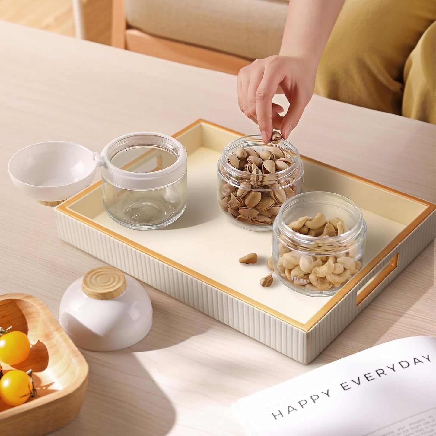 SANZIE Leather Tray Desktop Storage Organizer Premium Serving Tray Decorative Tray Valet Tray for Sundries Cosmetics Phone Wallet Cutlery (White Platter)