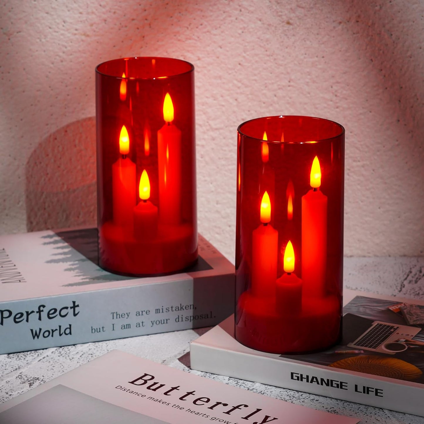 Da by Flameless Candle, Battery-Powered Candle with Remote Control and Timer, LED Three-Wick Pillar Candle, Romantic Wedding, Perfect Home Décor, 2 Pack (Red)