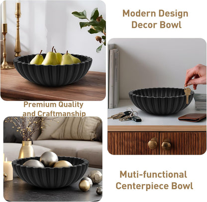 Large Decorative Bowl for Home Decor - Centerpiece for Coffee Table,Dining Table,Kitchen, Entryway Key bowl & Fruit Display - Modern Concrete Stone Design (Black)