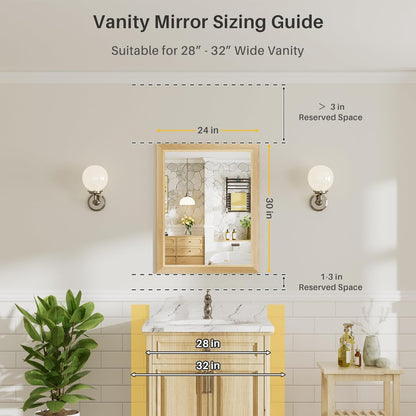 24x30 Inch Bathroom Mirror for Wall, Anti-Rust Oak Wood Grain Metal Framed Bathroom Mirrors for Over Sink,Rectangler Mirrors for Bathroom Vanity, Farmhouse, Bedroom, Living Room, Entryway Decor