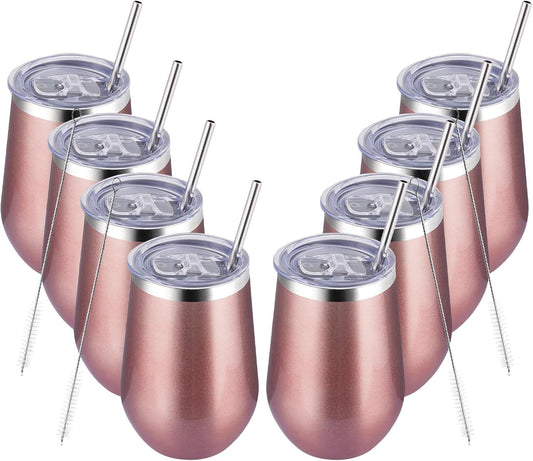 MEWAY 12oz Stainless Steel Wine Tumbler with Lid and Straw - Double Wall Stainless Steel Coffee Mug, Gift for Woman Under 10 dollars， 8 Pack Bulk tumblers(Rose Gold,Set of 8)