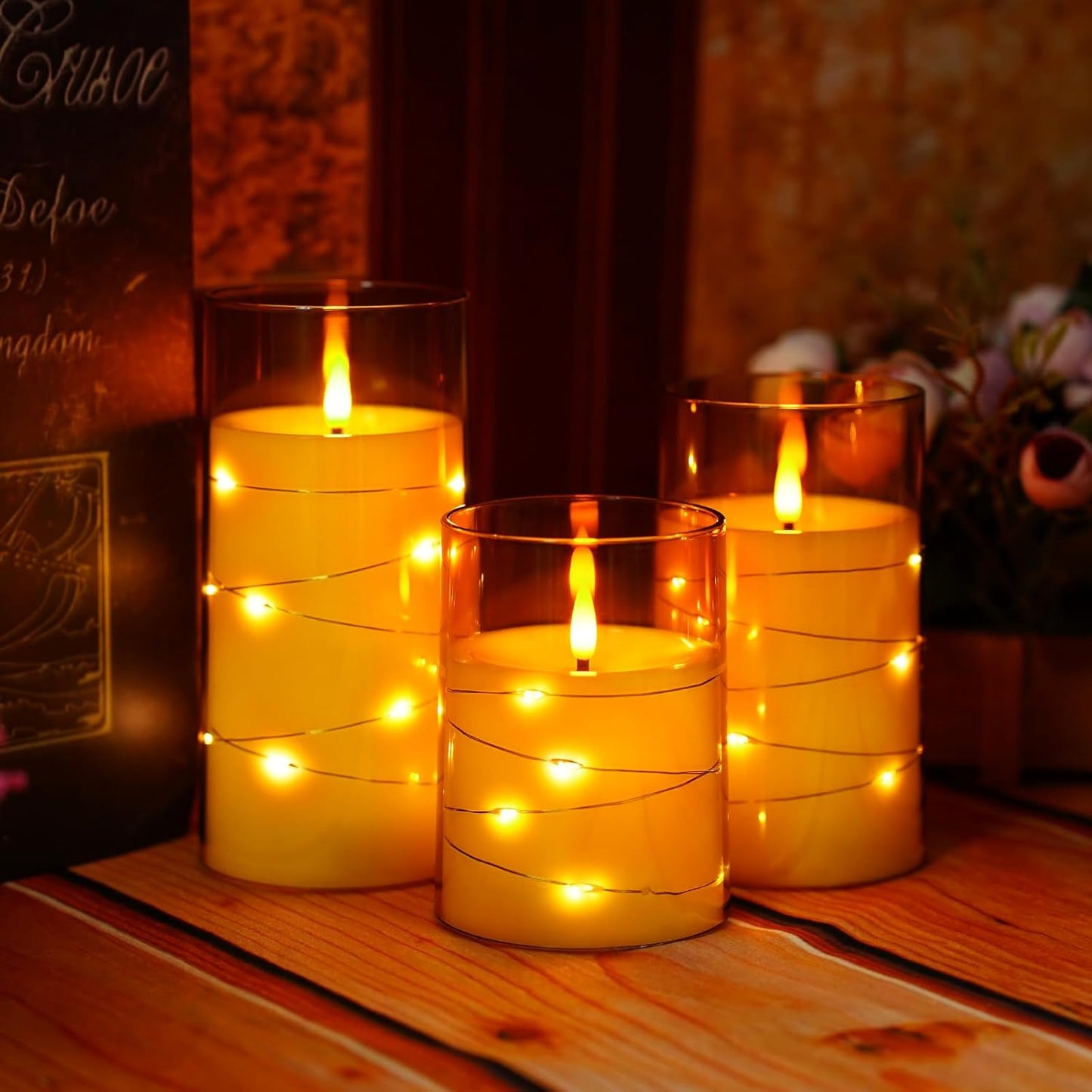 Flameless LED Candles with Timer 3 Pc Flickering Flameless Candles for Romantic Ambiance and Home Decoration Stable Acrylic Shell,with Embedded Star String，Battery Operated Candles（Gold）