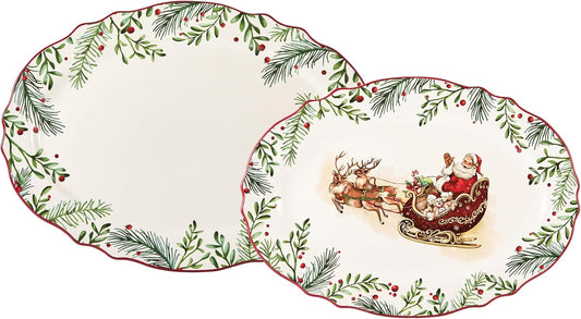 Bico Santa On The Way 16 plus 14 inch Scalloped Oval Platters Set, Set of 2, Microwave and Dishwasher Safe, for Serving Fish, Chicken, Turkey