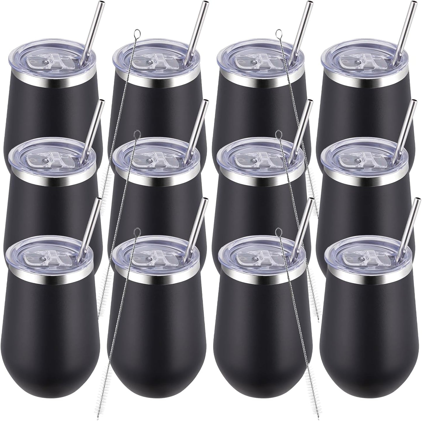 MEWAY 12oz/12 Pack Wine Tumbler Glasses with Lid - Stemless Double Wall Vacuum Stainless Steel Tumblers Keeping Cold & Hot for Wine - Family and Gifts, Ideal for Travel and Office(Black,Set of 12)