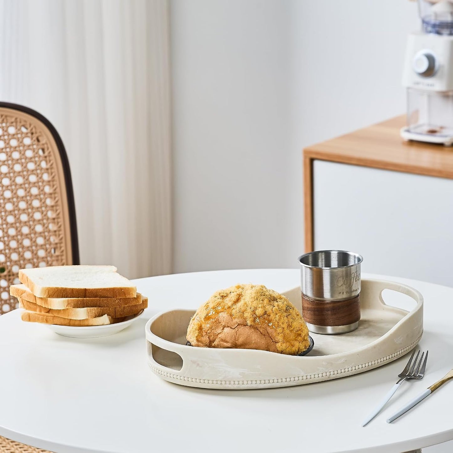 Beige Travertine Marble Serving Tray with Handles - 14x10 inches, Beaded Oval Decorative Tray, Countertop Ottoman Tray for Vanity, Living Room Entryway Table, Perfume Candle Display