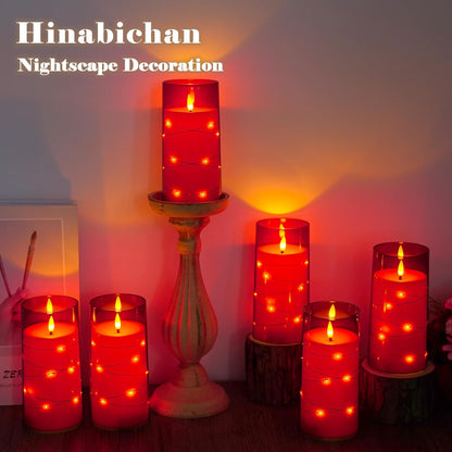 Flickering Flameless Candles with Remote Timer, 6pcs LED Battery Operated Candles with Embedded String Lights Red, Same Size D3 H6