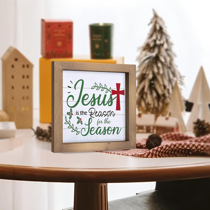 Jesus Is The Reason for The Season Sign, Wooden Christian Christmas Decor, Xmas Holiday Indoor Table Shelf Desk Mantel Tiered Tray Nativity Wall Art Rustic Farmhouse Decorations for Home