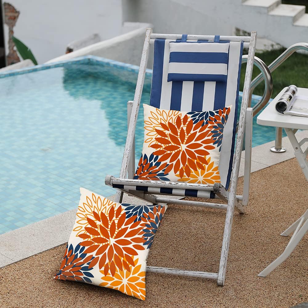 DFXSZ Orange Blue Flower Pillow Covers 18x18 Inch Set of 2 Fall Throw Pillows Outdoor Waterproof Decor for Living Room Sofa Patio Funiture Garden Floral Polyester Pillow Covers 012C18