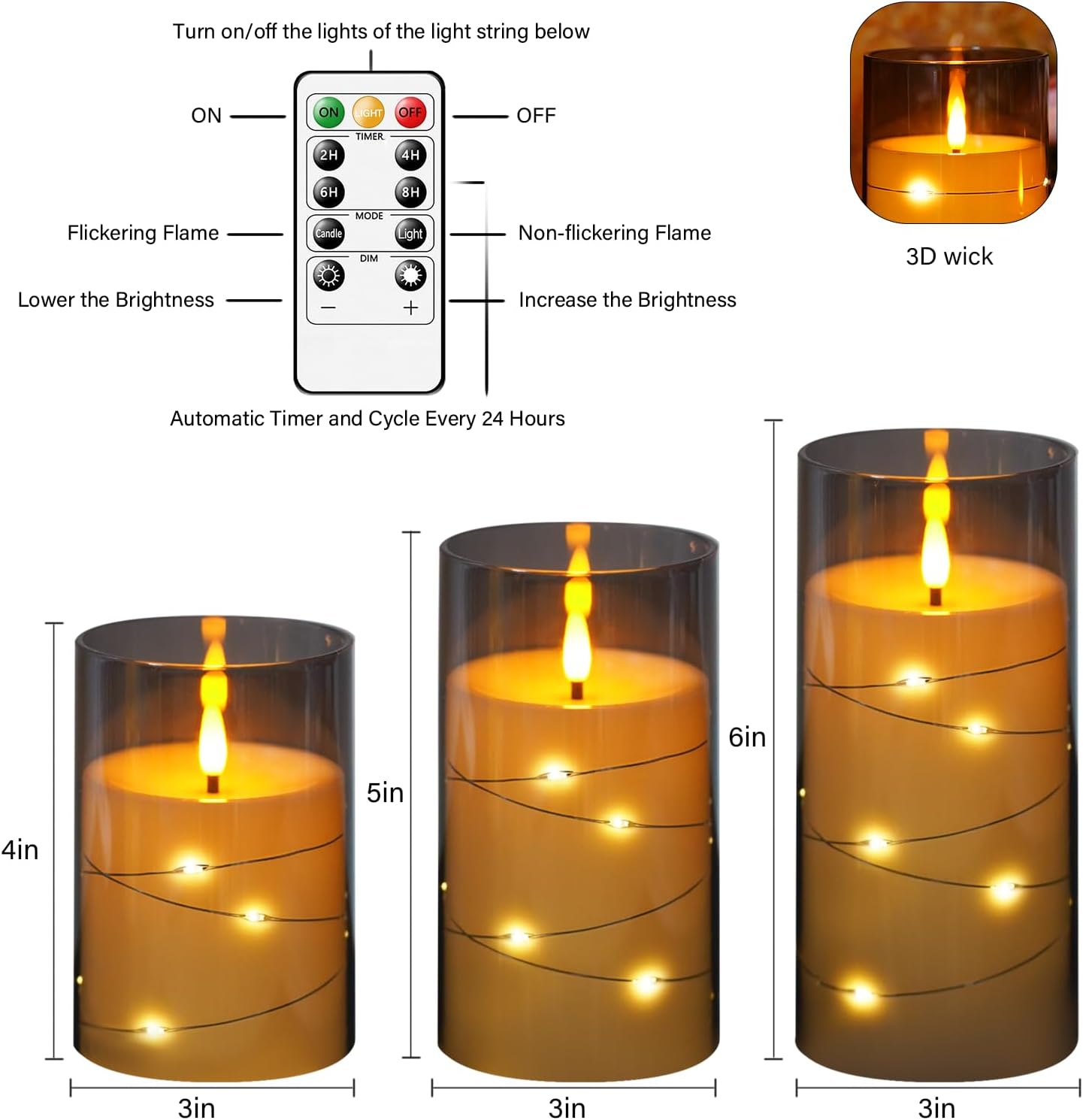 Flameless LED Candles with Timer 3 Pc Flickering Flameless Candles for Romantic Ambiance and Home Decoration Stable Acrylic Shell,with Embedded Star String，Battery Operated Candles（Grey）