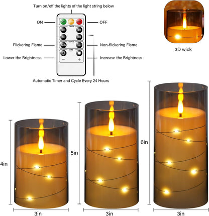 Flameless LED Candles with Timer 3 Pc Flickering Flameless Candles for Romantic Ambiance and Home Decoration Stable Acrylic Shell,with Embedded Star String，Battery Operated Candles（Grey）