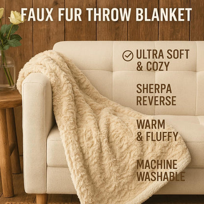 DaDa Bedding Champagne Ivory Faux Fur Throw Blanket - Dreamy Gold Geometric Embossed Sherpa Backside - Super Soft Warm Cozy Plush Fluffy - 90" x 90"