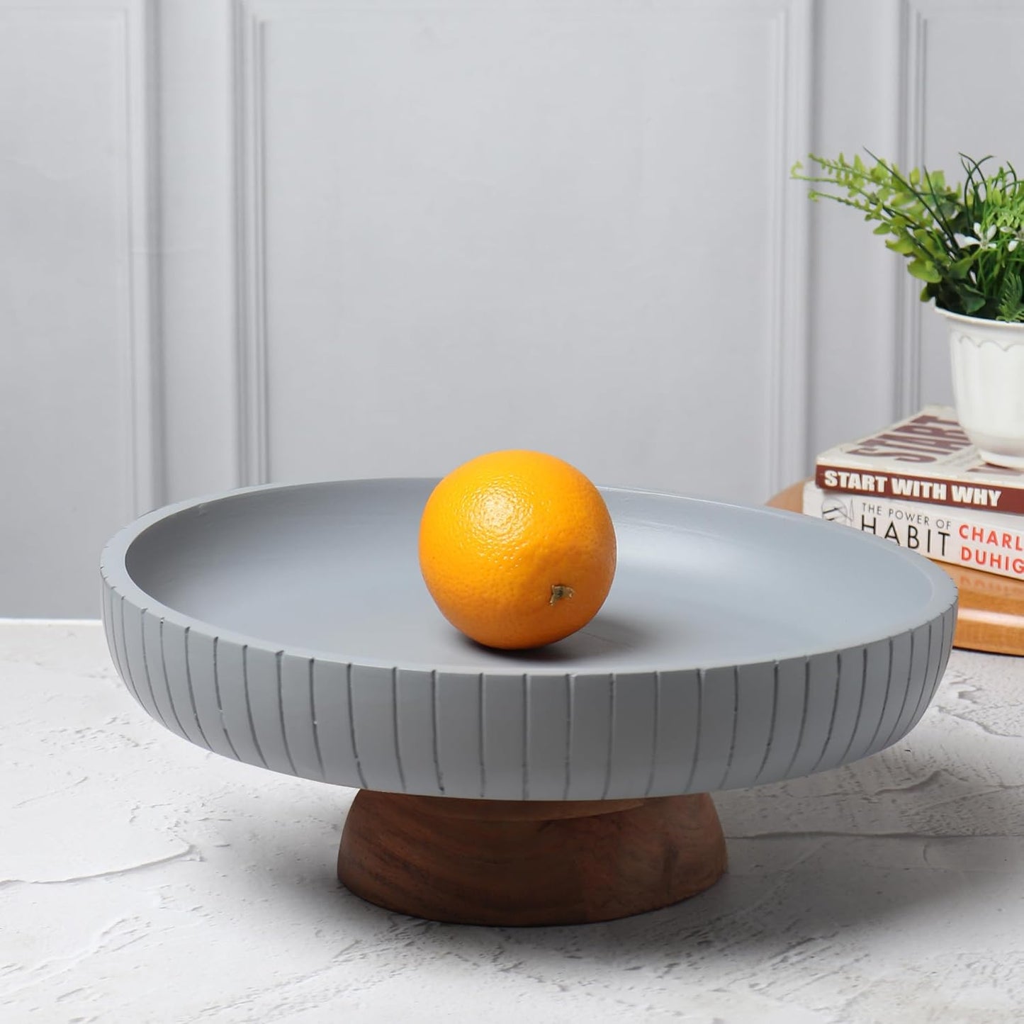Mango Wood fruit bowl, Decorative gray bowl with natural finish pedestal | 12" dia | Dual tone look | Use as Centerpiece for kitchen counter or dining table | Wooden table decor|(Gray)