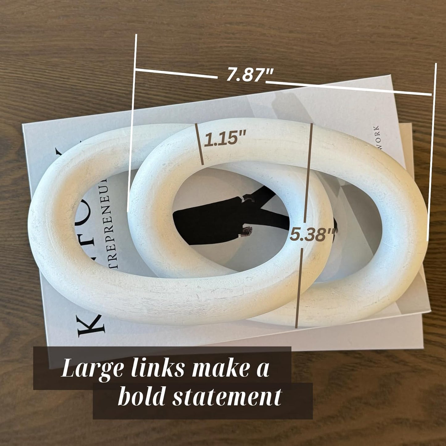 Wood Chain Link Decor – 13” White Wooden Decorative Object for Coffee Table Decor & Neutral Decor for Home – Modern Knot Accent for Shelf Styling, Books, or Housewarming Gifts