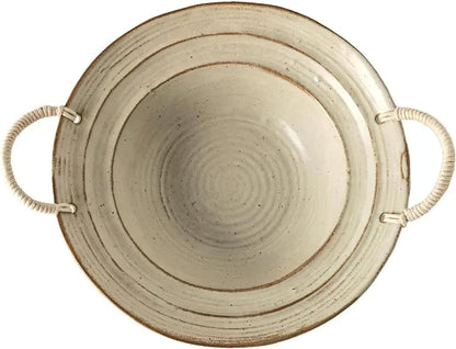 Vintage Distressed Ceramic Serving Bowl with Rope Handles, 7.5 Inch Rustic Decorative Bowl for Fruits and Pasta, Vintage White
