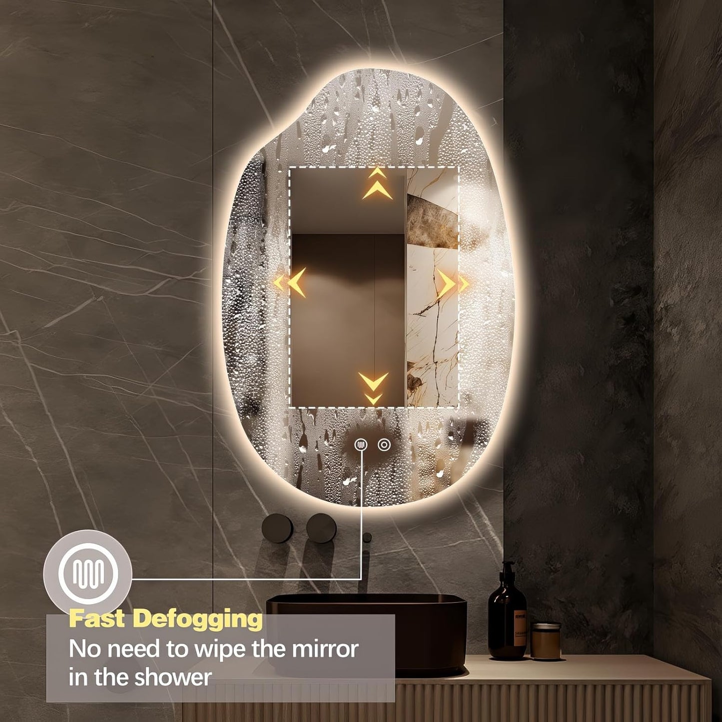 38"x26" Asymmetrical Led Mirror for Bathroom, Irregular Backlit Vanity Mirror with Lights, Frameless Smart Mirror, 3 Colors Stepless Dimmable, Anti-Fog, Memory, CRI95+, Horizontal/Vertical